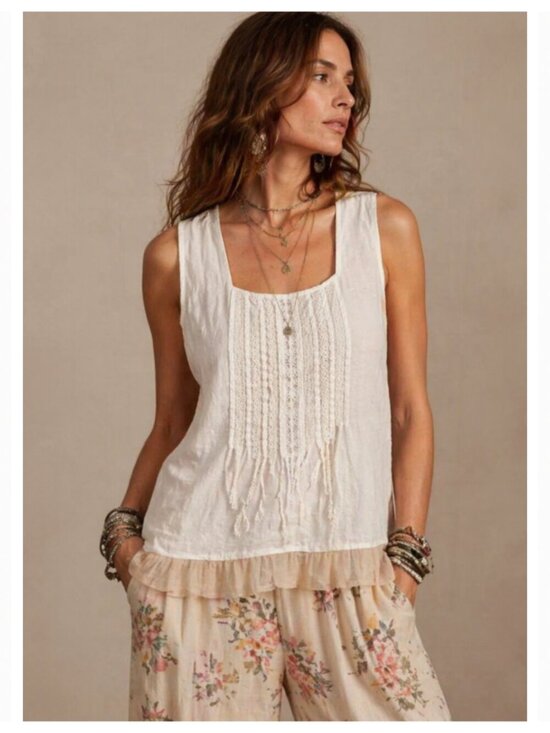 Johnny Was Tops - Johnny Was Square Neck Boho 100% Linen Top